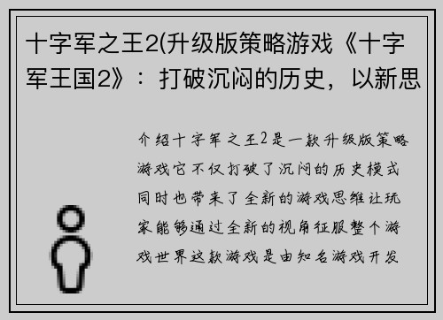十字军之王2(升级版策略游戏《十字军王国2》：打破沉闷的历史，以新思维征服世界！)