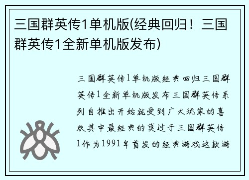 三国群英传1单机版(经典回归！三国群英传1全新单机版发布)